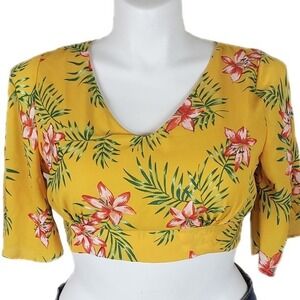 IRIS Floral Print‎ Crop Top, V-Neck, Elbow Sleeve, Yellow, Women's